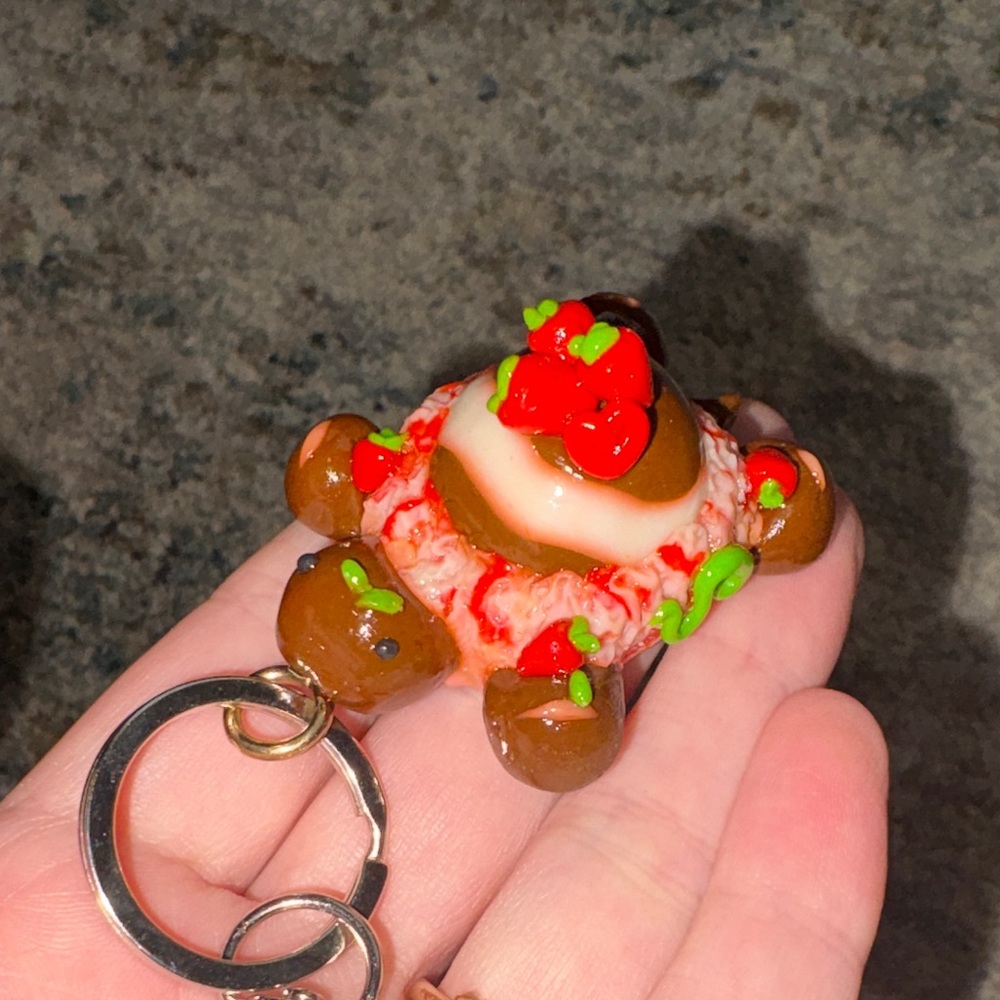 Cute Brown Turtle Dessert Keychain with Red and Green Accents